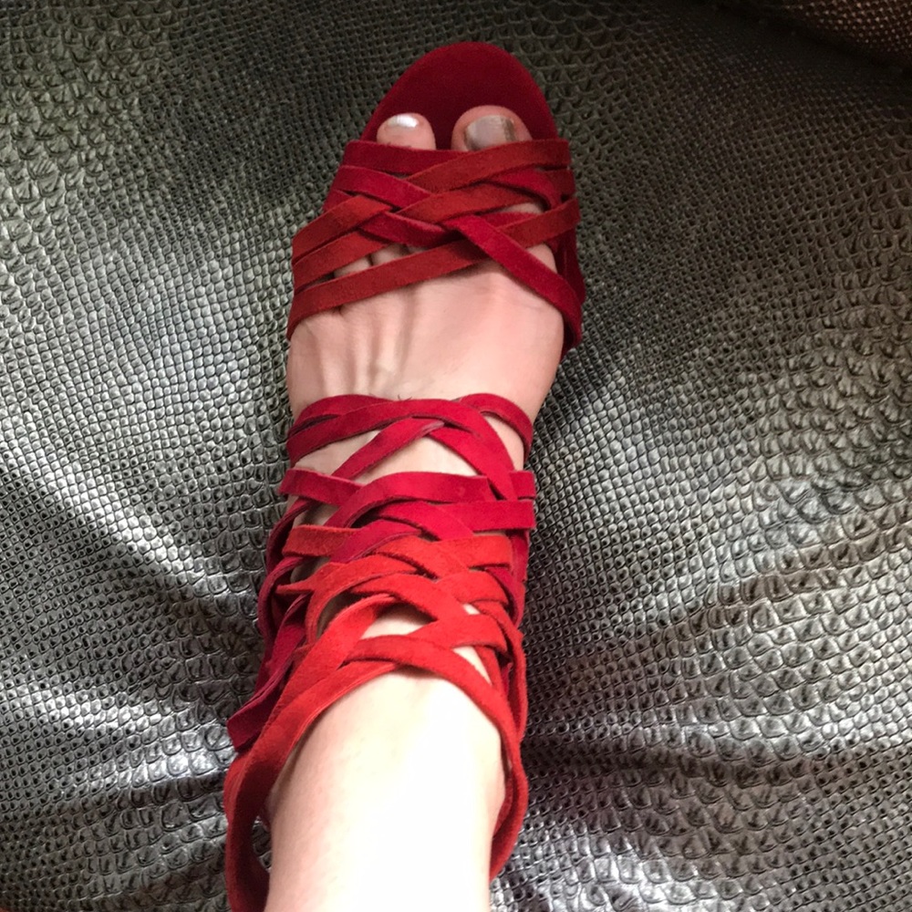 Red strappy Anthropology ankle booties sandal